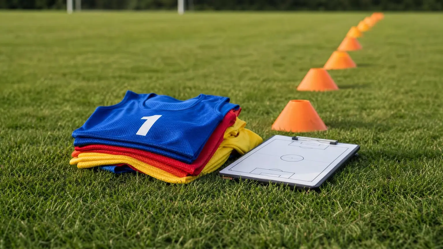 Numbered training bibs stacked beside a coach's clipboard and a line of cones on an empty pitch, the setup for an ODP soccer tryout session