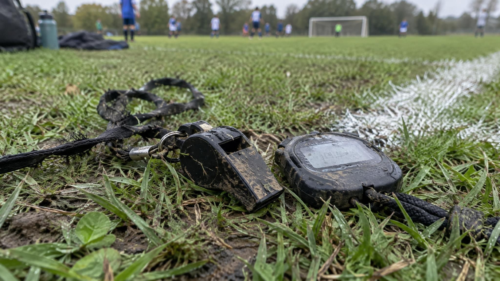 A referee's whistle and stopwatch resting on the grass beside the touchline of a youth soccer field, illustrating the mercy rule in soccer