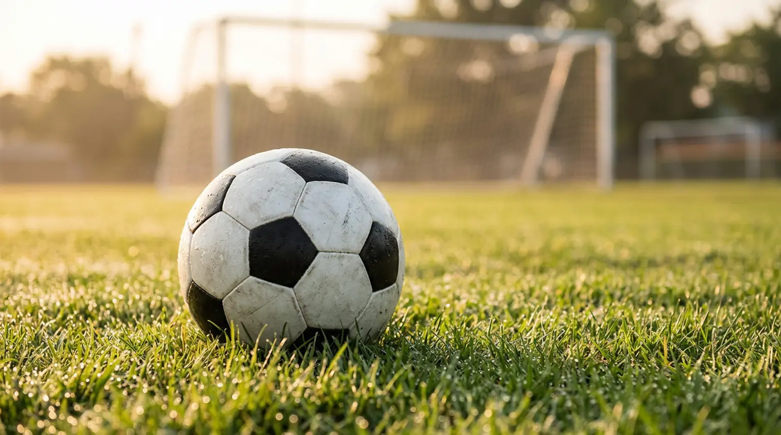 A soccer ball on dewy grass in golden morning light, representing the question of whether two practices a week is enough for youth soccer development