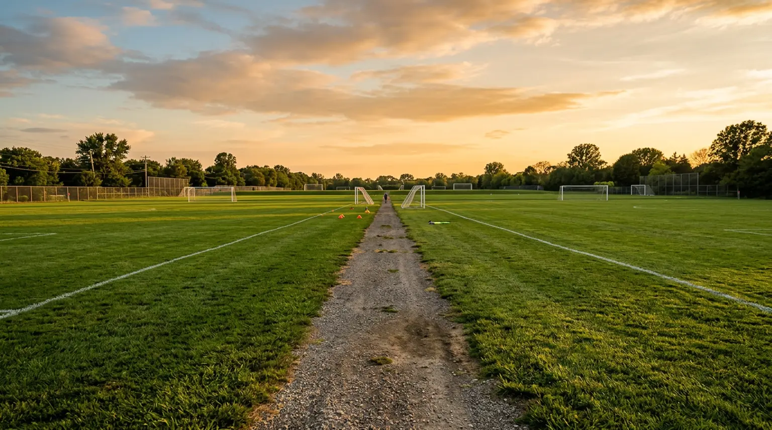 A long straight path through a green soccer training ground leading toward distant goalposts at golden hour, representing the player development pathway