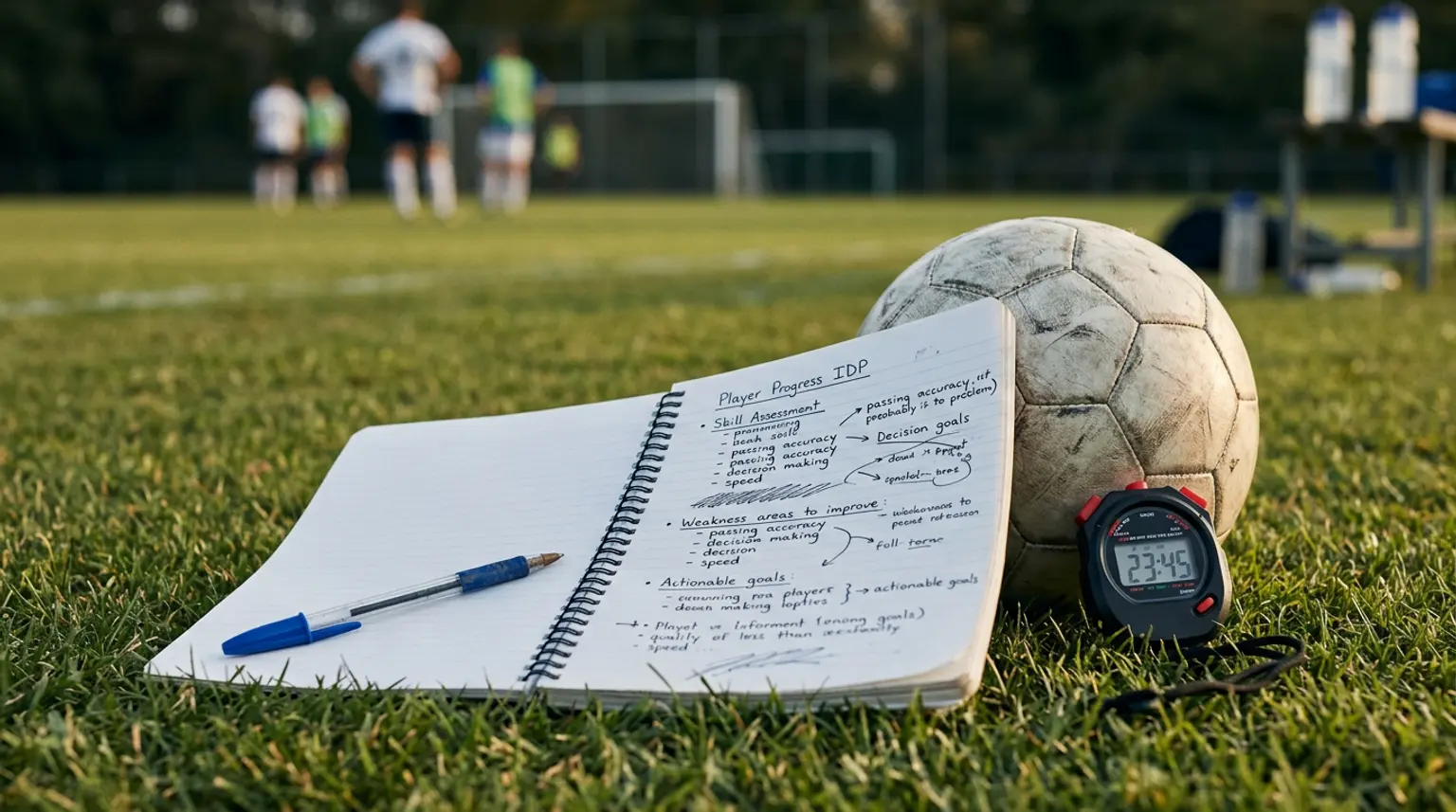 A notebook with handwritten coaching notes and a pen on a grass pitch beside a soccer ball, representing individual development plan implementation