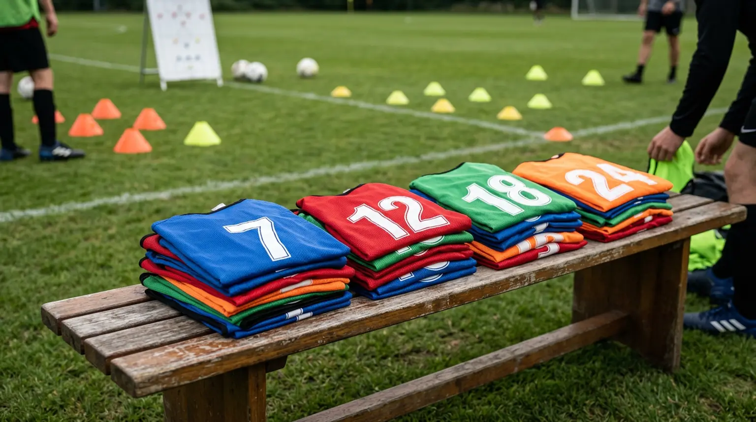 Numbered training bibs in multiple colors stacked on a bench beside a soccer pitch, representing youth soccer tryout evaluations