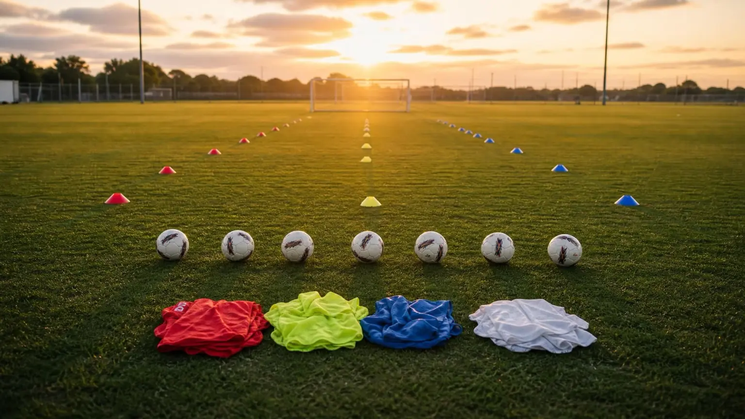 An empty professional soccer training pitch at sunrise with cones, bibs and balls laid out in rows, illustrating how often professional soccer players train