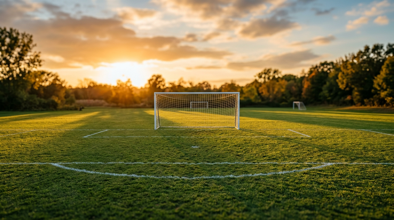 An empty youth soccer field with small goals at golden hour, representing the training environment for 10 year old players