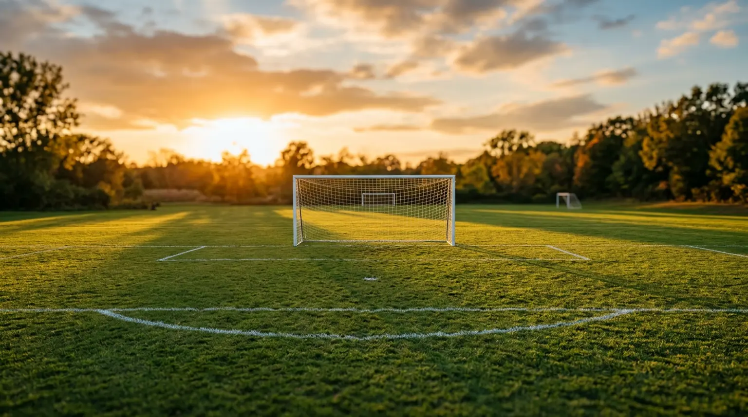 An empty youth soccer field with small goals at golden hour, representing the training environment for 10 year old players