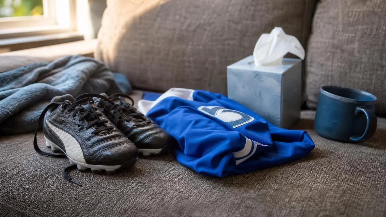 A child's soccer cleats and folded team jersey sitting unused on a couch beside a box of tissues, the choice facing a parent deciding whether to let a child play soccer with a cold