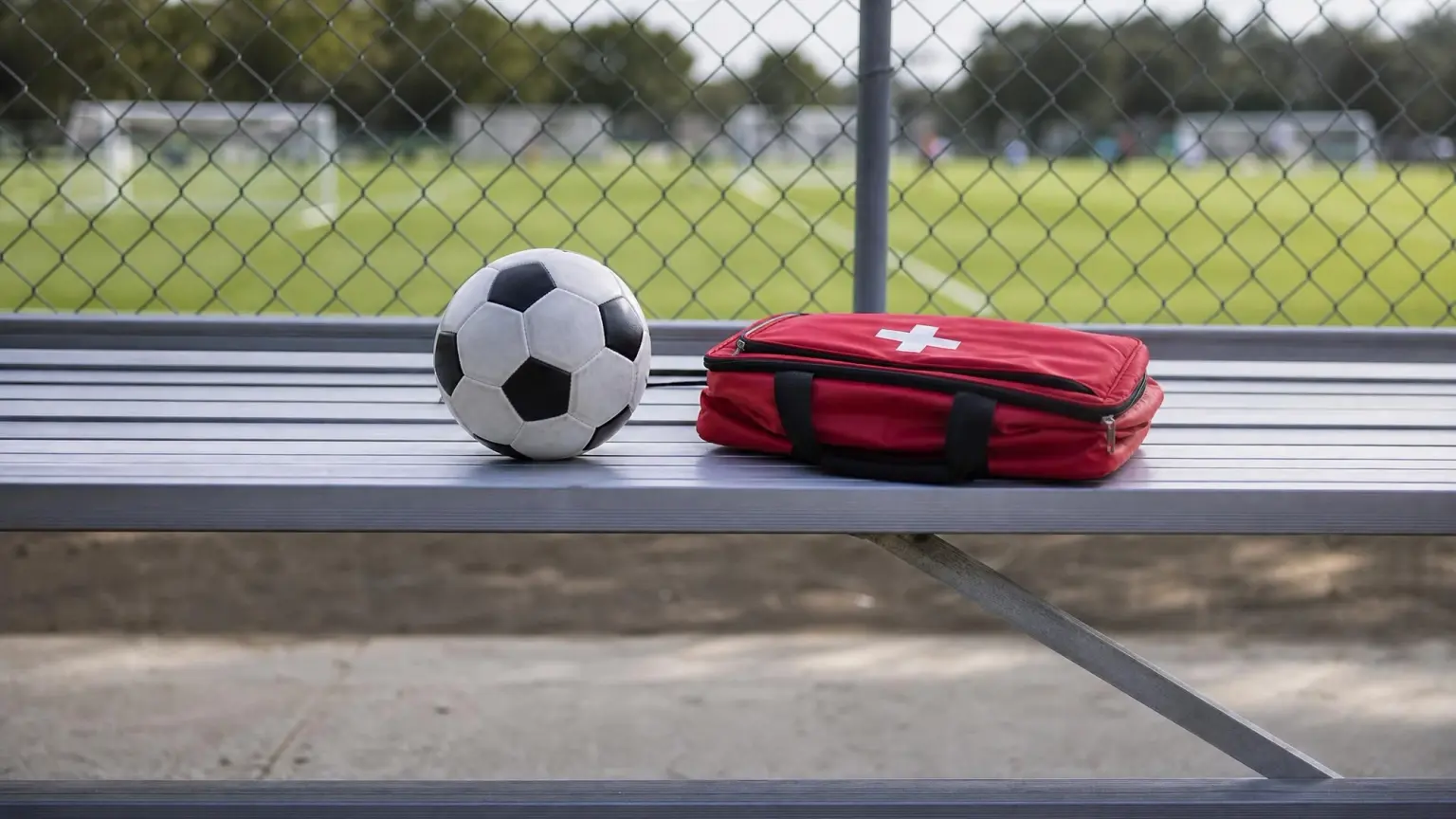 An empty youth soccer sideline bench with a ball and a medical kit bag, representing the youth soccer concussion protocol and removal from play