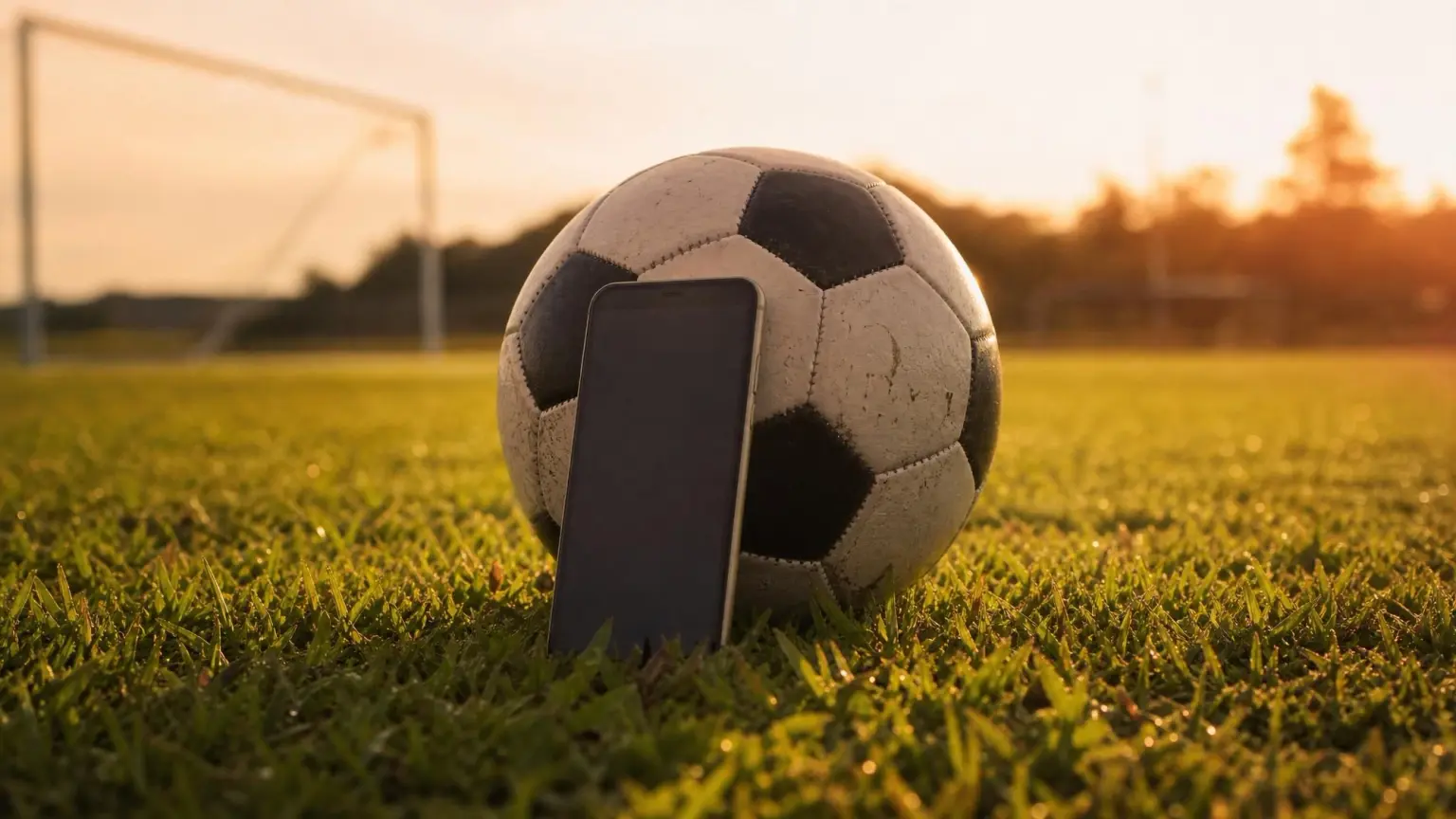 A smartphone leaning against a football on a grassroots pitch at golden hour, representing the best football training apps for young players