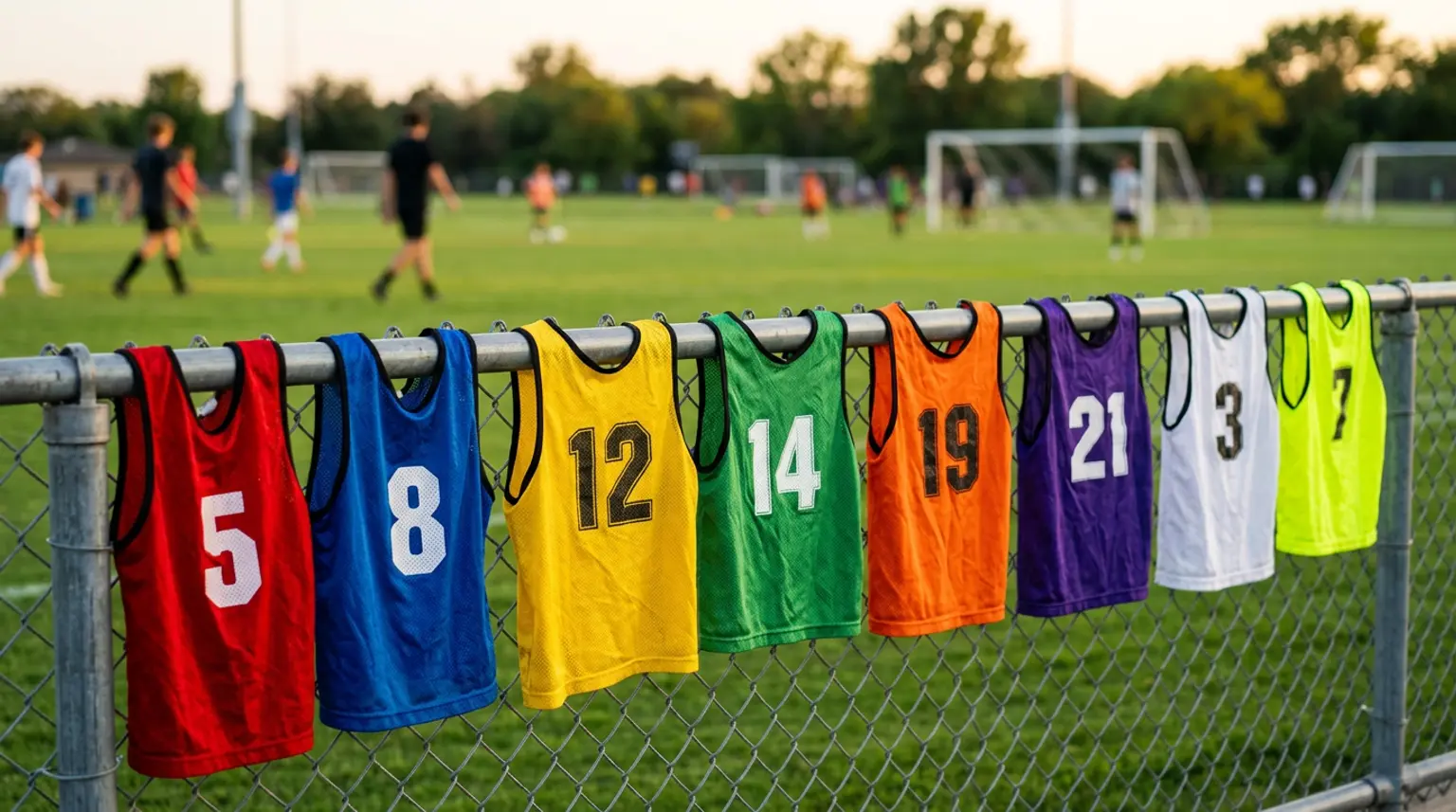 Colorful youth soccer training bibs hanging on a field-side railing at a youth soccer club