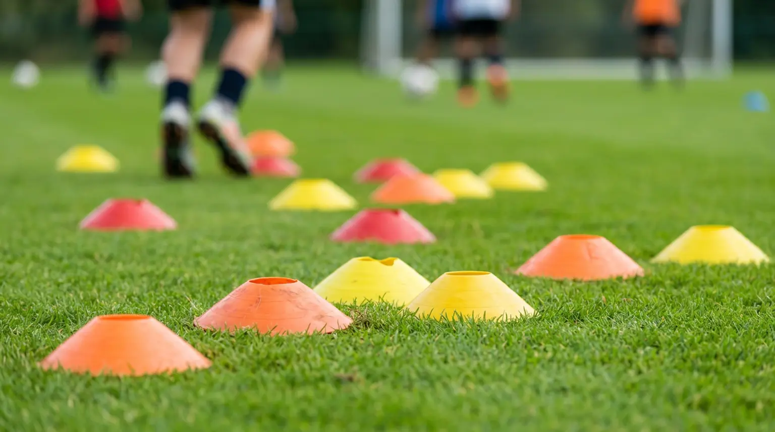 Colorful training cones arranged in a formation pattern on a green grass pitch