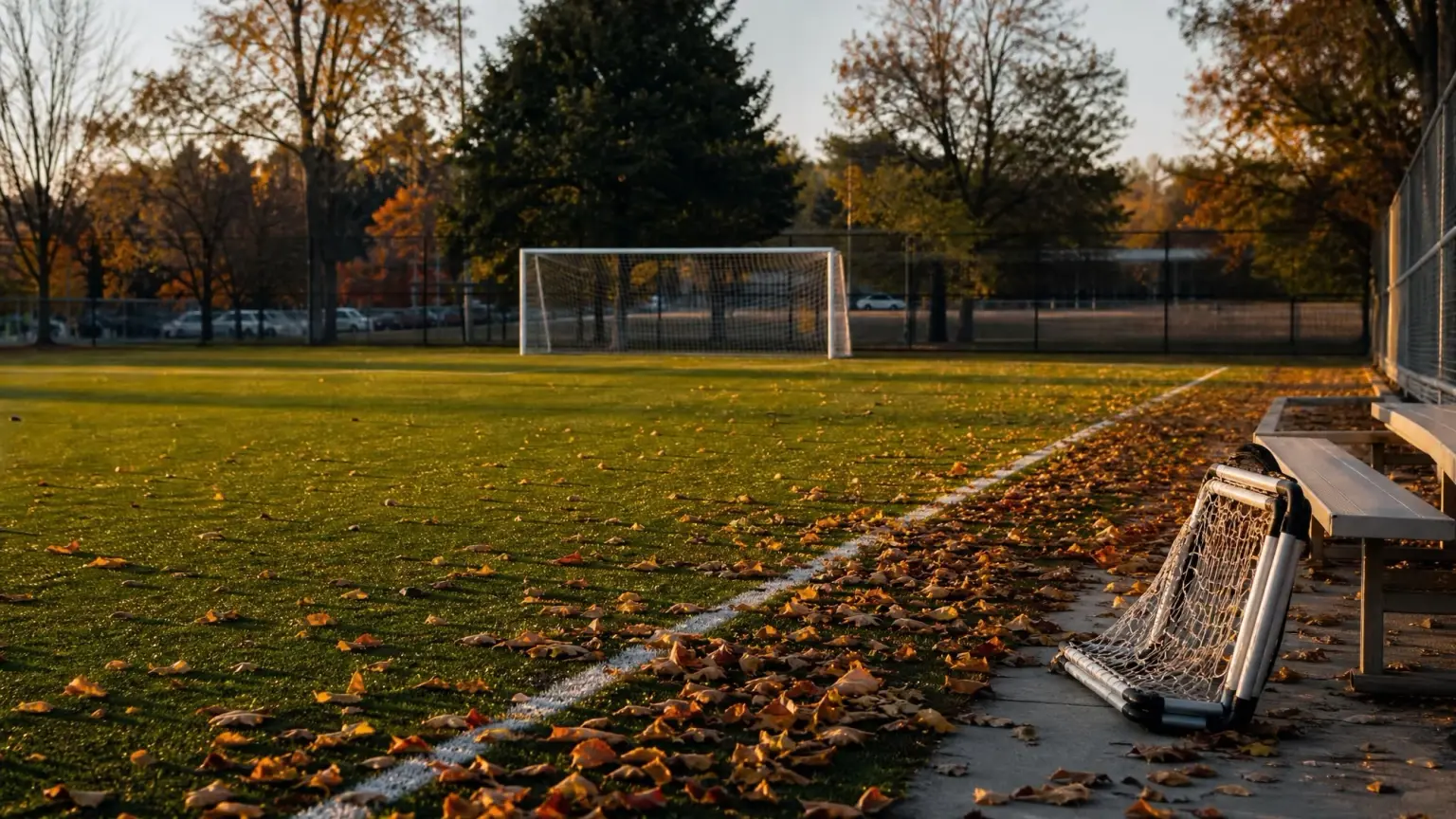 An empty youth soccer field at golden hour with autumn leaves along the sideline, at the end of the fall youth soccer season