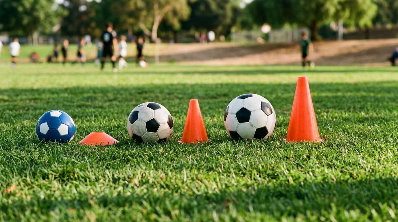 Different sized soccer balls and cones arranged on green grass representing age-appropriate soccer drills for youth development