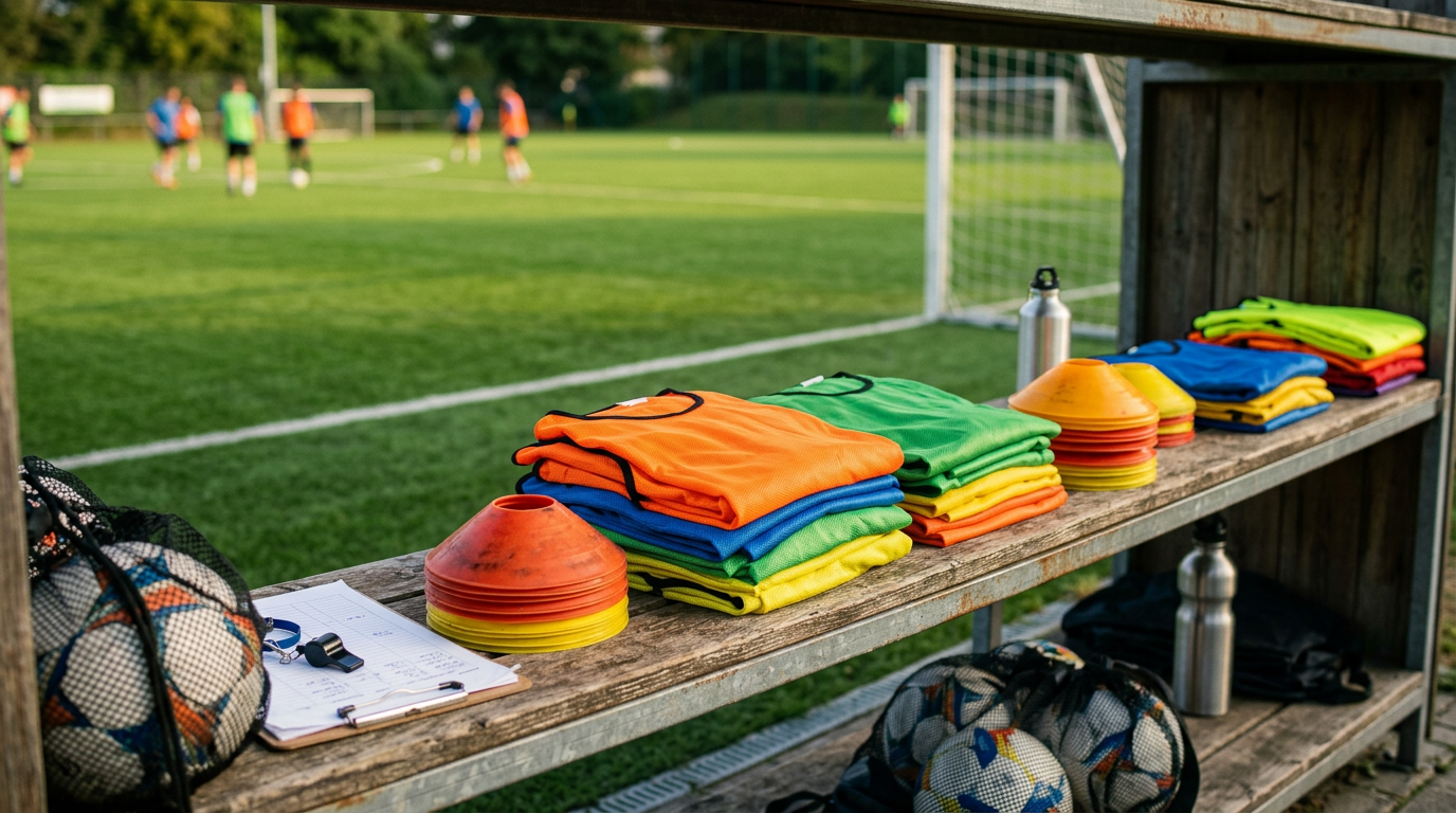 Organized soccer training equipment on a shelf beside a pitch, representing club tools for reducing player turnover