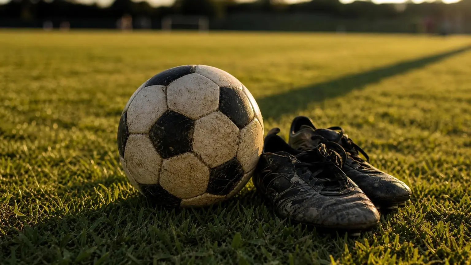 A worn soccer ball and a pair of outgrown youth cleats on a grass pitch in low evening light, illustrating how a growth spurt changes a young soccer player's game