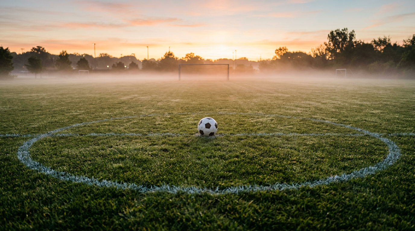 An empty soccer pitch at sunrise with morning mist and a ball on the center circle, representing periodization phases in youth soccer training