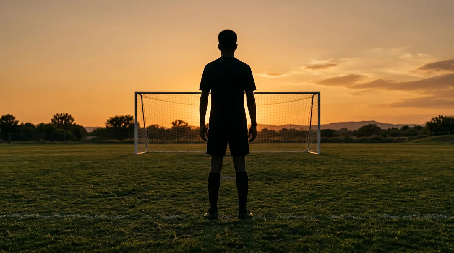 Silhouette of a young soccer player standing on a field at sunset, building confidence through training