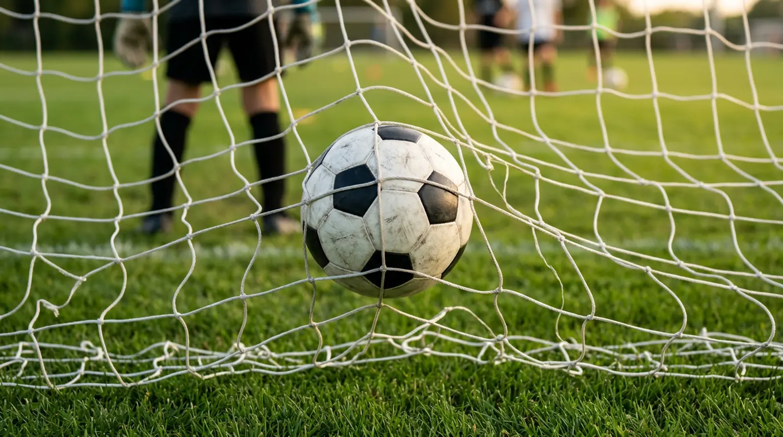 A soccer ball hitting the inside of a goal net with the net rippling from impact, representing soccer shooting drills for kids
