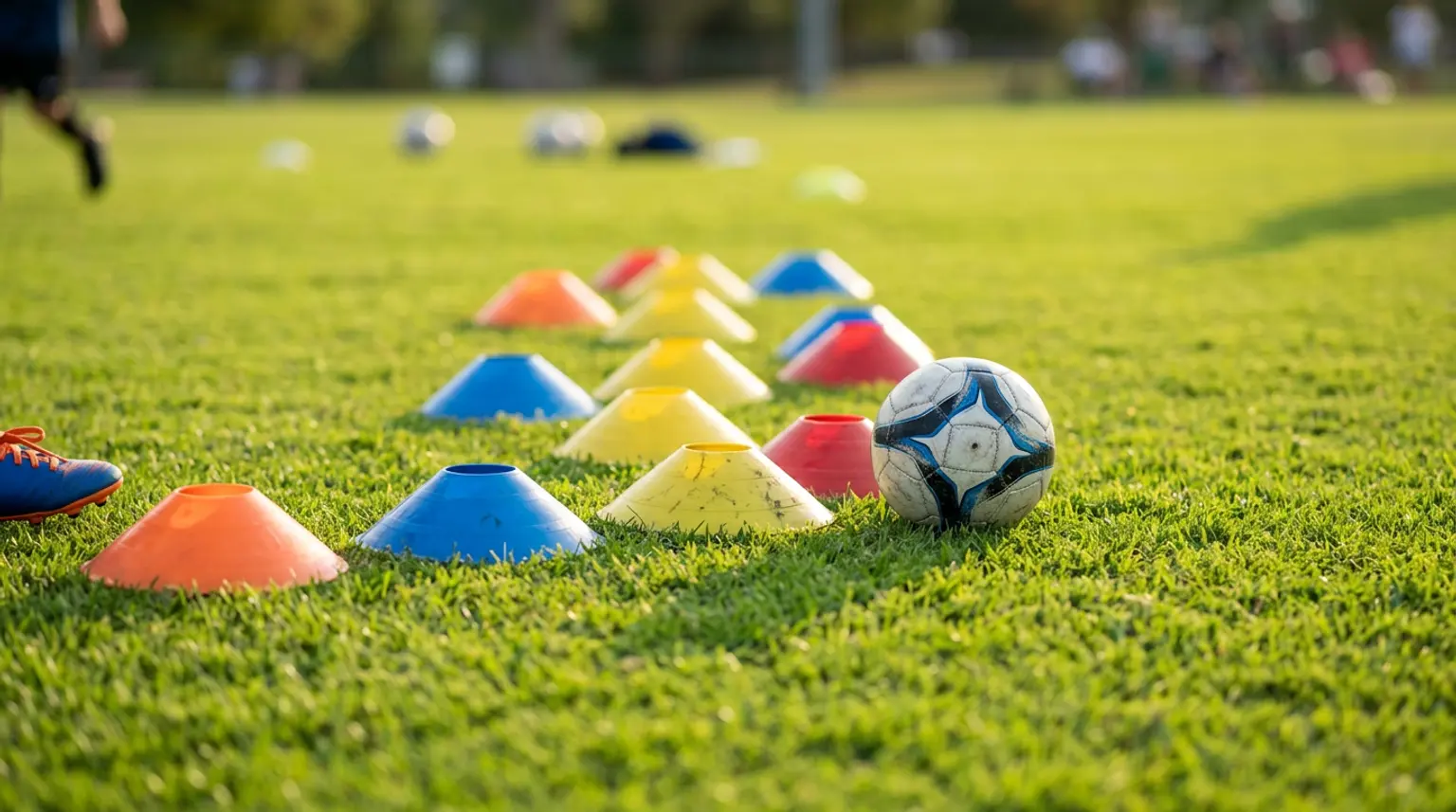Colorful soccer cones arranged in a zigzag pattern on green grass with a child-sized soccer ball, representing fun drills for kids under 10