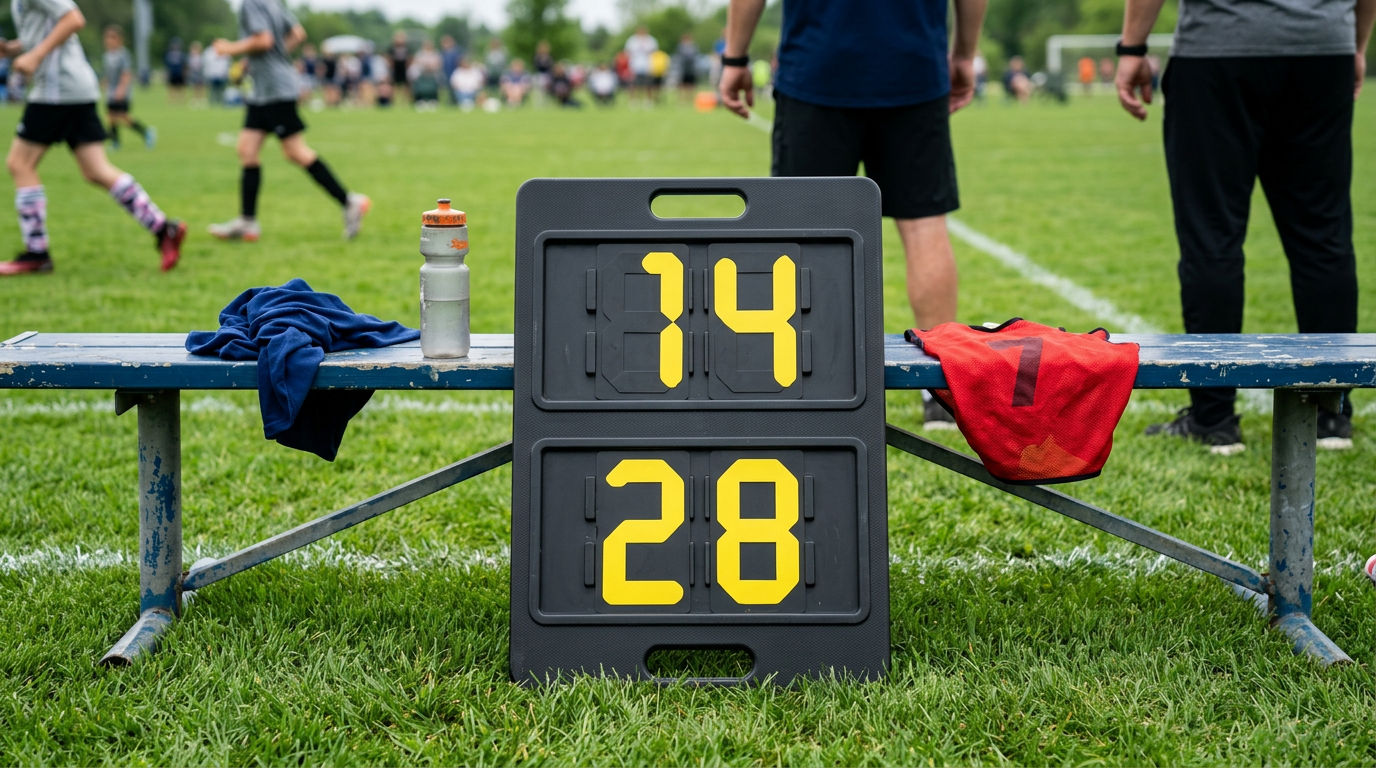 A substitution board resting against a team bench on a soccer field sideline, representing playing time decisions in youth soccer