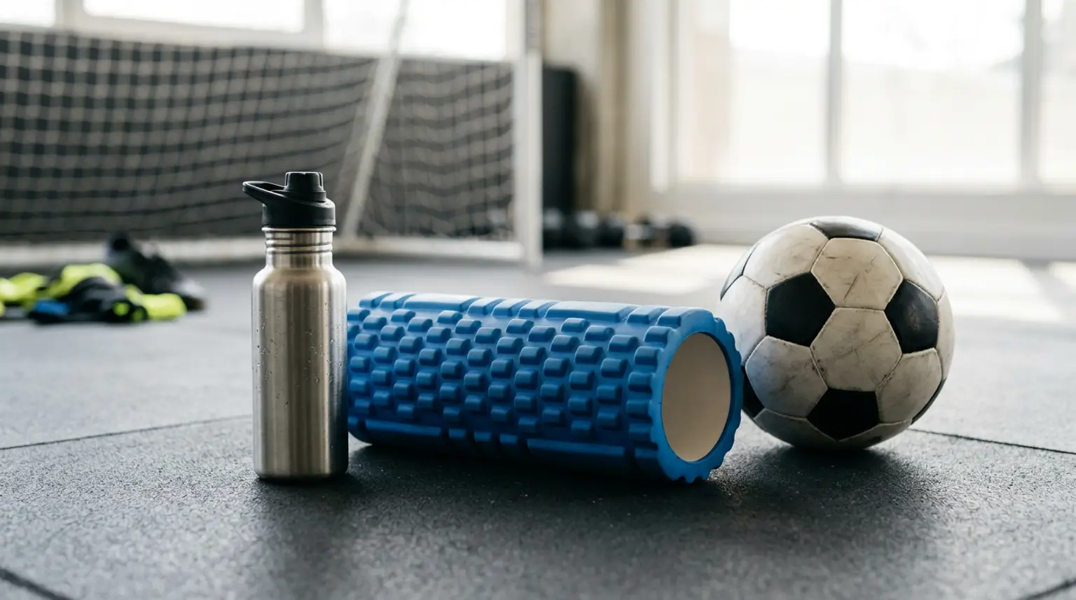 A foam roller resting on a gym mat next to a water bottle and soccer ball
