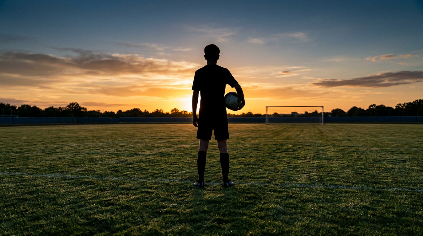 Silhouette of a young soccer player on a full-size pitch at sunset, representing the U14 competitive transition