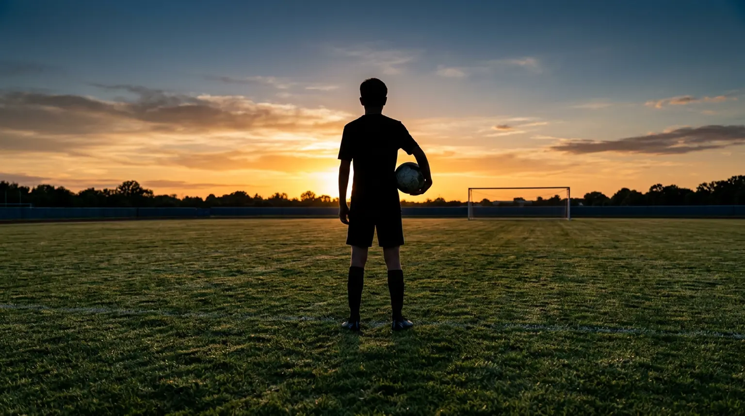 Silhouette of a young soccer player on a full-size pitch at sunset, representing the U14 competitive transition