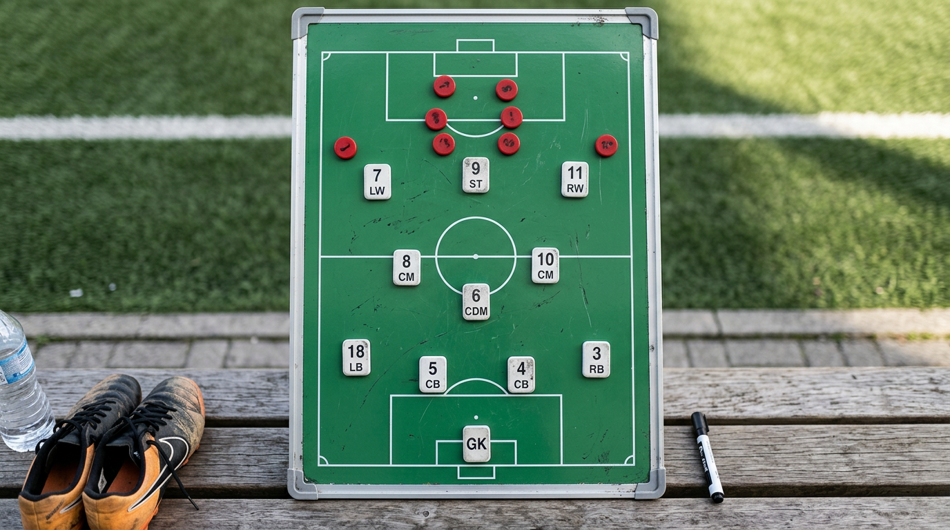 Soccer tactical board with player position magnets arranged on a green pitch diagram