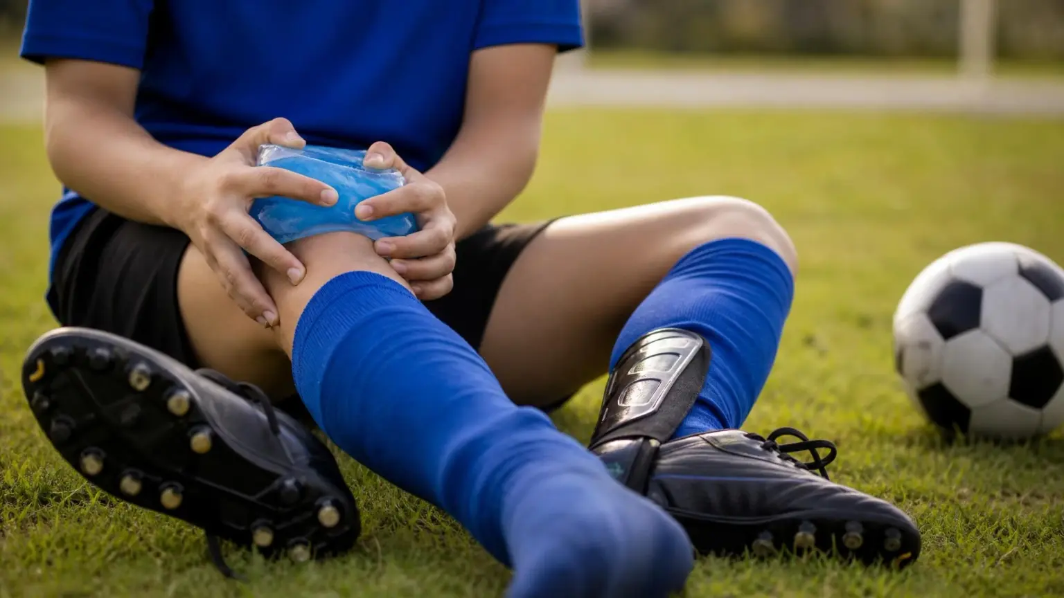 A young soccer player sitting on the grass icing their knee, cleats and shin guards visible, illustrating growing pains care in youth soccer
