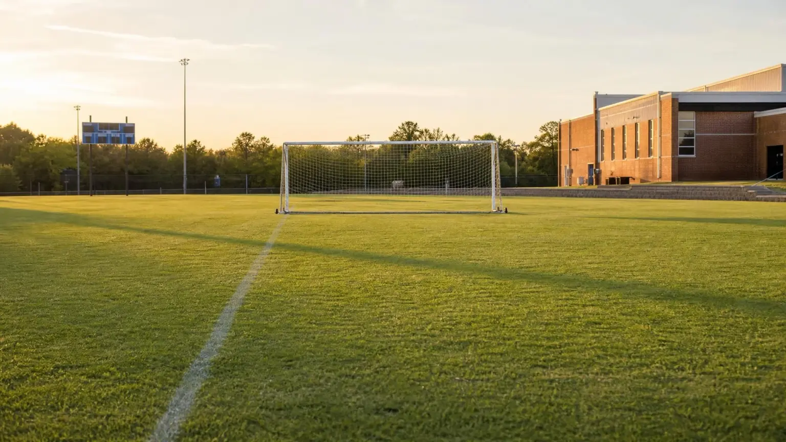 An empty grass school soccer field in late afternoon light with a portable goal and chalked sideline, illustrating how long middle school soccer games last