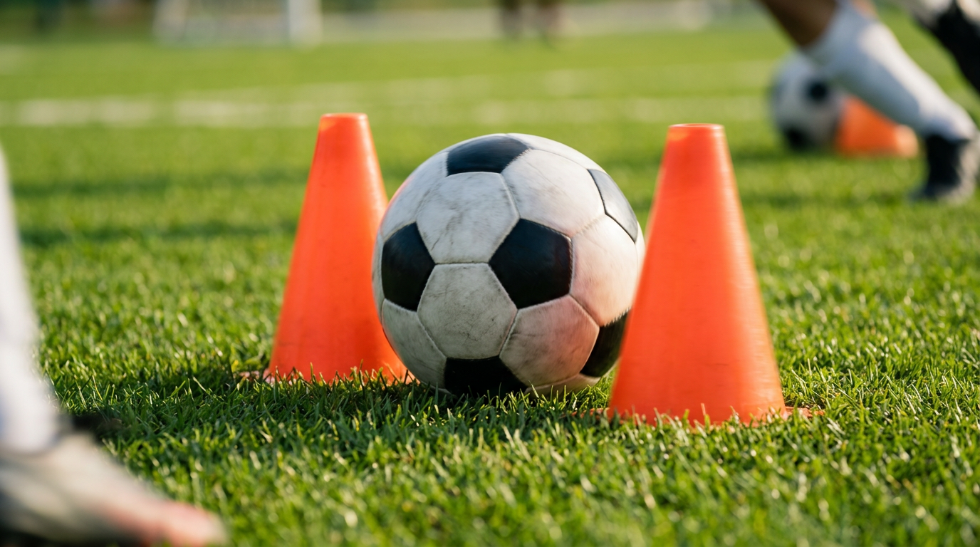 A soccer ball weaving through agility cones with motion blur, representing 1v1 dribbling moves for youth players