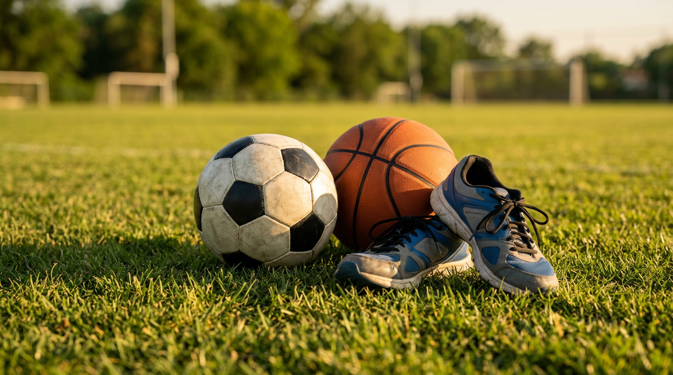 A soccer ball, basketball, and running shoes on green grass in warm light, representing multi-sport participation vs early specialization