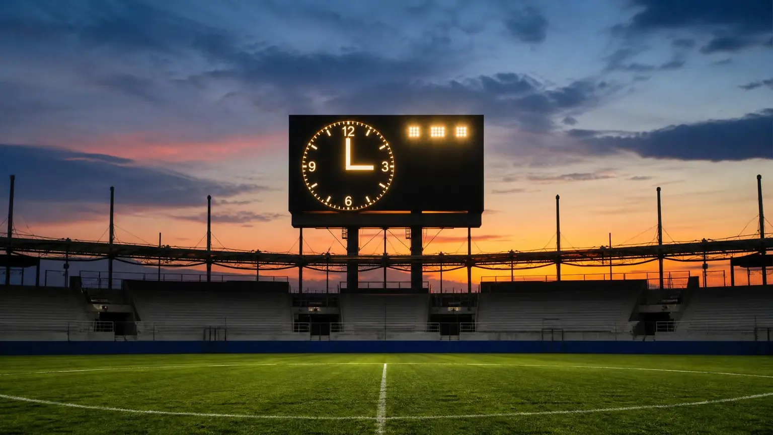A stadium scoreboard clock glowing above an empty soccer pitch at dusk, illustrating how many quarters are in a soccer game