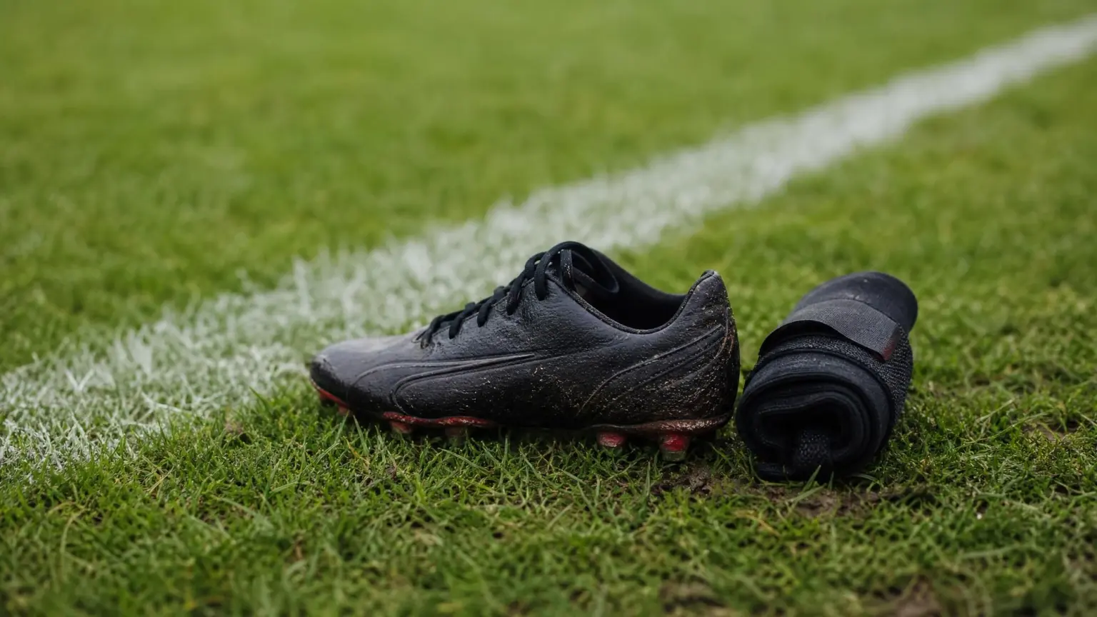 A soccer cleat and an ankle brace lying on damp grass beside a painted touchline, illustrating ankle sprains in youth soccer