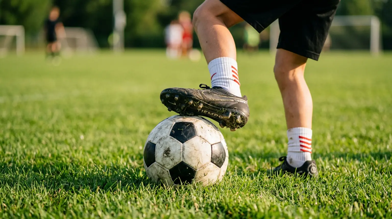 Close-up of a soccer ball under a player's foot sole on green grass, representing ball mastery drills for youth soccer players