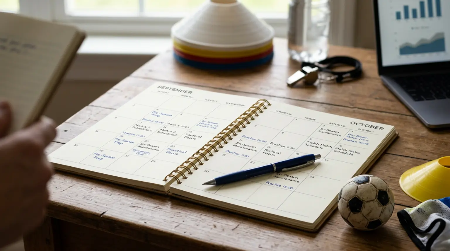 A calendar planner notebook with a pen and soccer figurine, representing periodization planning for youth soccer training