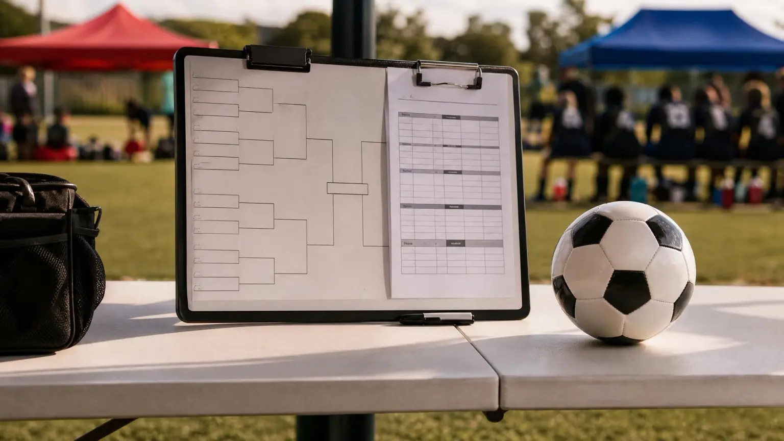 A tournament bracket board and printed match schedule on a sideline table next to a soccer ball, illustrating how youth soccer tournaments work