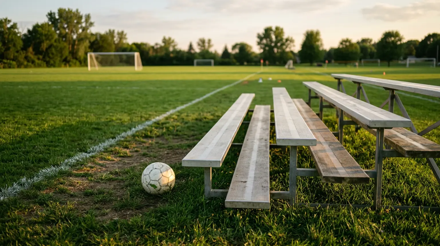 Empty bleacher seats beside a youth soccer field in warm afternoon light, representing pre-season parent meetings for coaches
