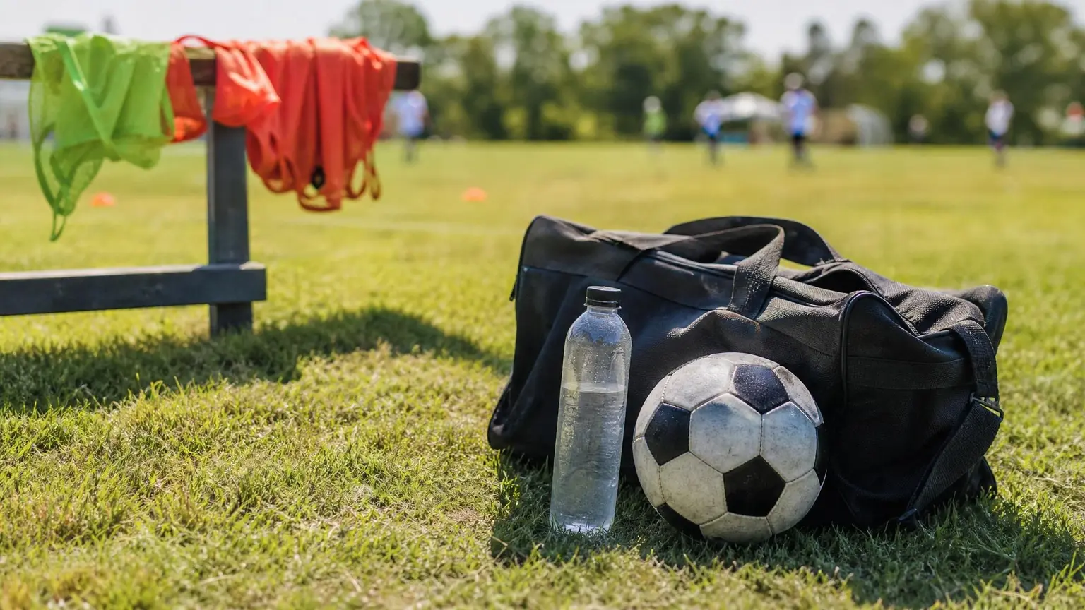A soccer ball and water bottle resting in the shade near a bench with sweat-soaked training bibs, illustrating youth soccer heat safety and hydration during summer practice