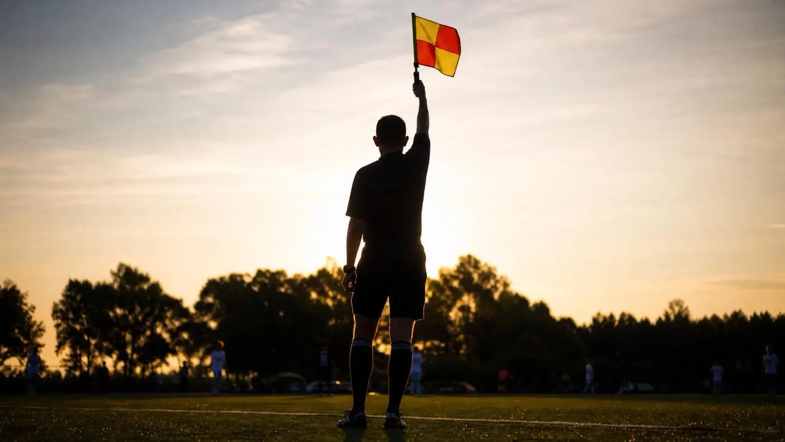 Silhouette of an assistant referee raising the flag for offside on the sideline of a soccer field, illustrating the offside rule in youth soccer