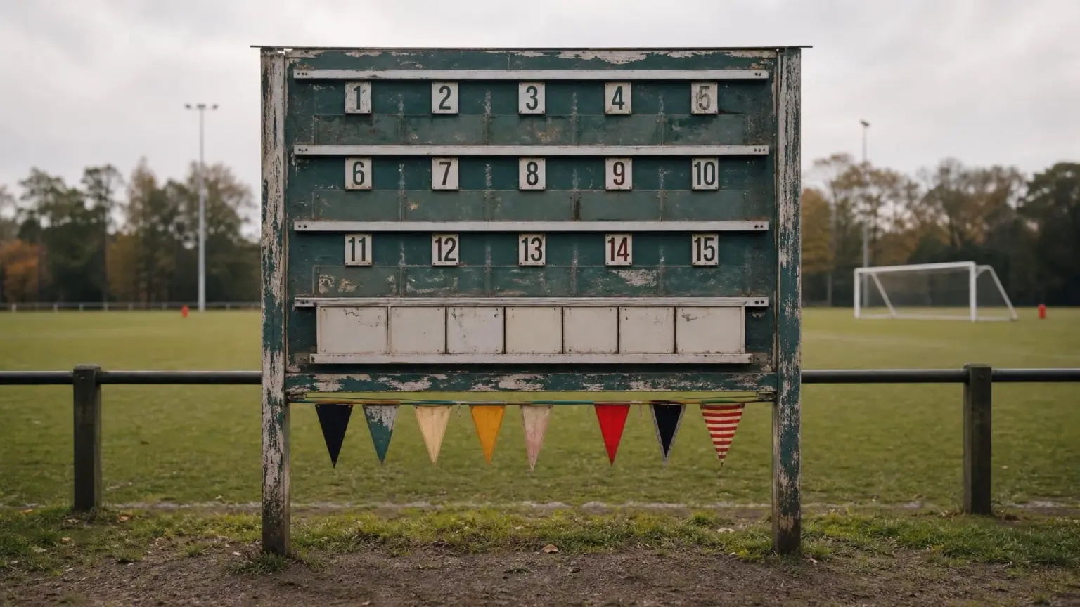 An empty youth soccer pitch beside a league standings board with numbered bracket placards, representing youth soccer divisions and flights