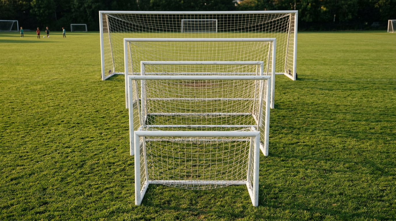 Different sized soccer goals on a green field creating a perspective line, representing the progression of youth soccer age groups from U6 to U18