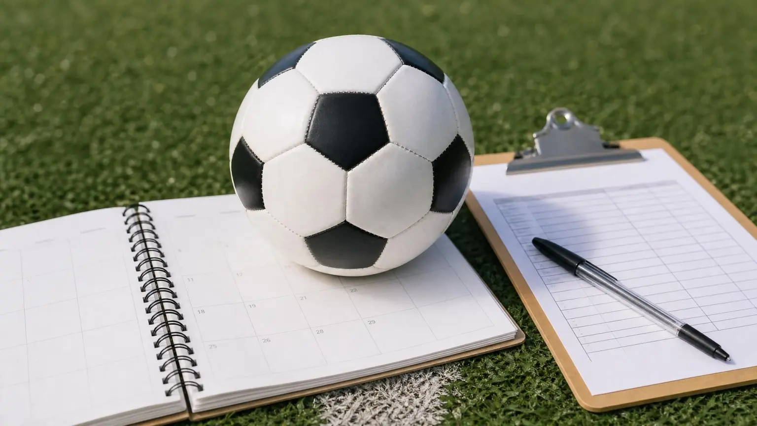 A youth-size soccer ball resting on an open calendar beside a registration clipboard on turf, illustrating the youth soccer birth year age group chart for the 2026-27 season