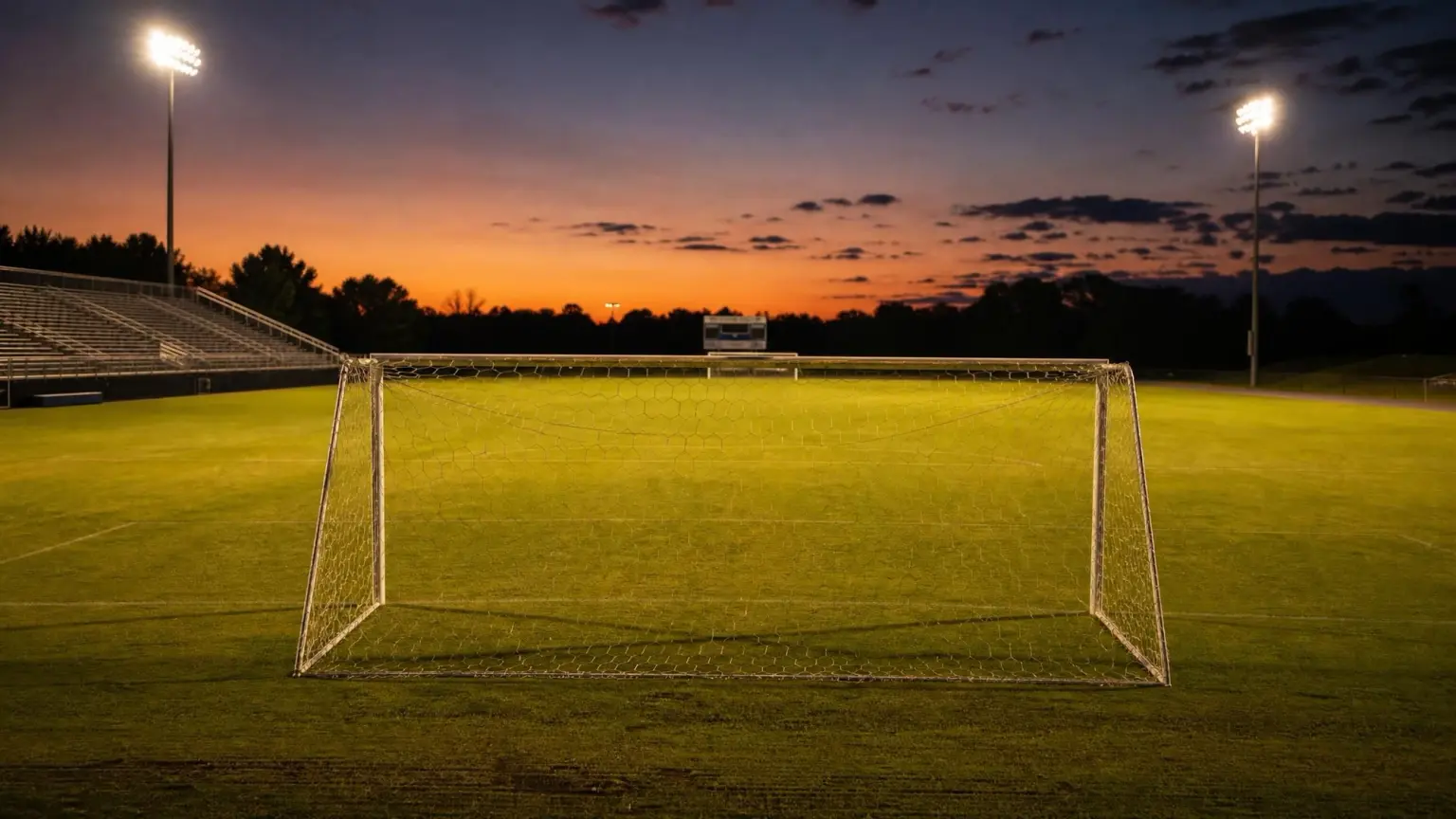 An empty high school soccer field at dusk under floodlights, with the goal net and metal bleachers in view, illustrating how long a high school soccer game lasts