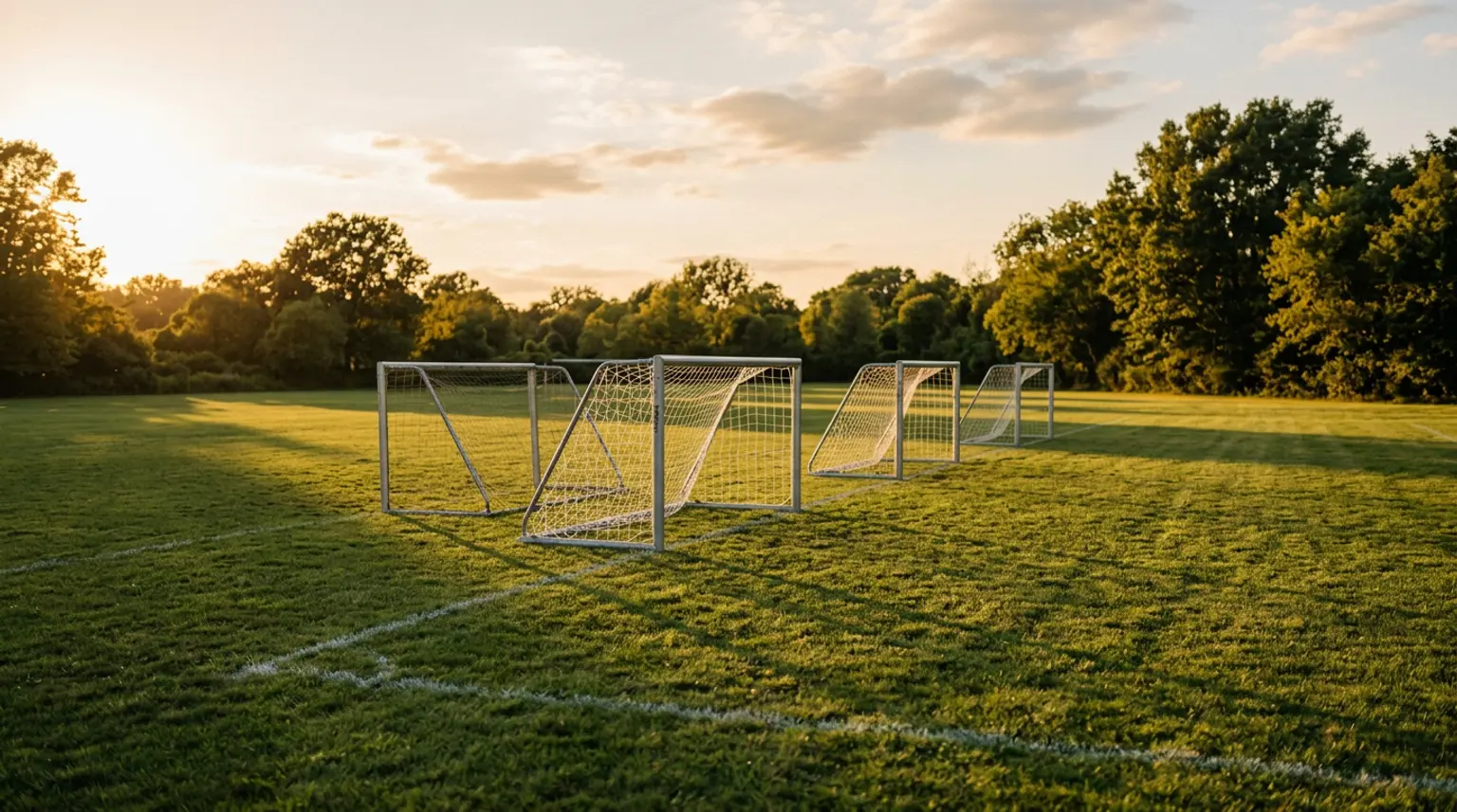 Small soccer goals on an empty youth field at golden hour representing youth soccer club registration and retention strategies