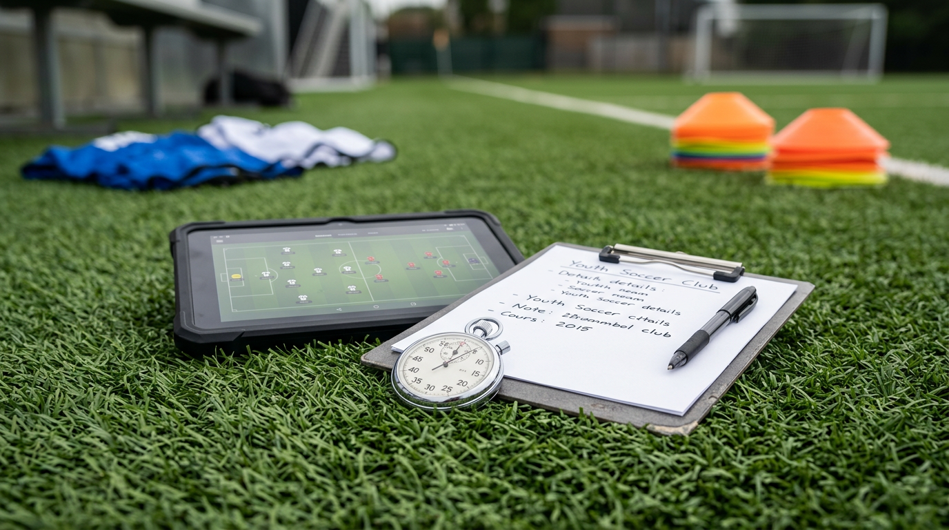 A stopwatch and clipboard on artificial turf with a tablet device, representing technology tools for youth soccer clubs