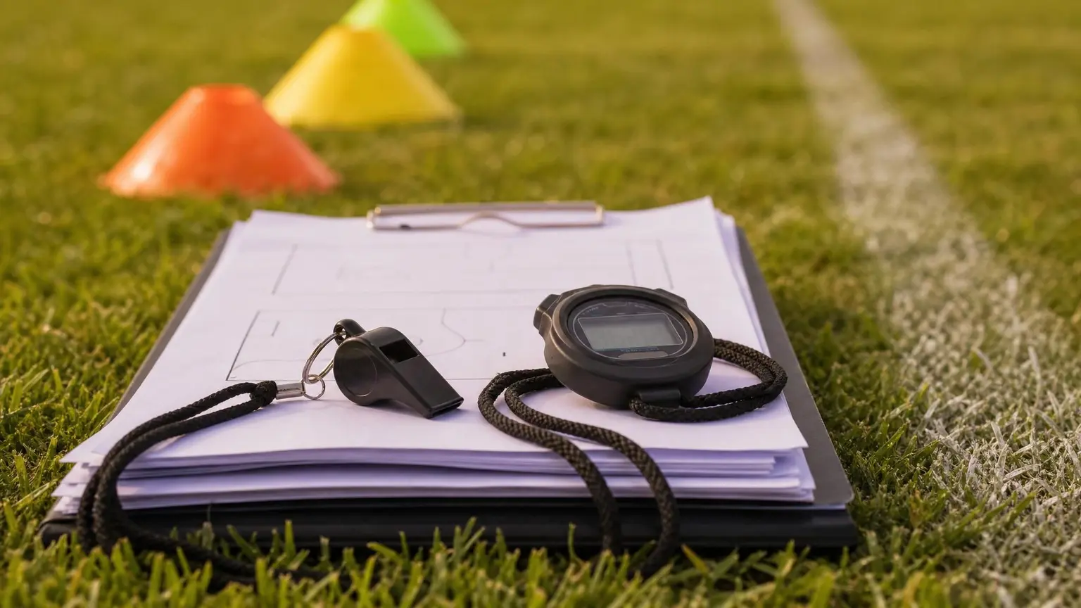 A coach's whistle and stopwatch resting on a training session plan clipboard beside a soccer pitch, illustrating how long youth soccer practice should be by age