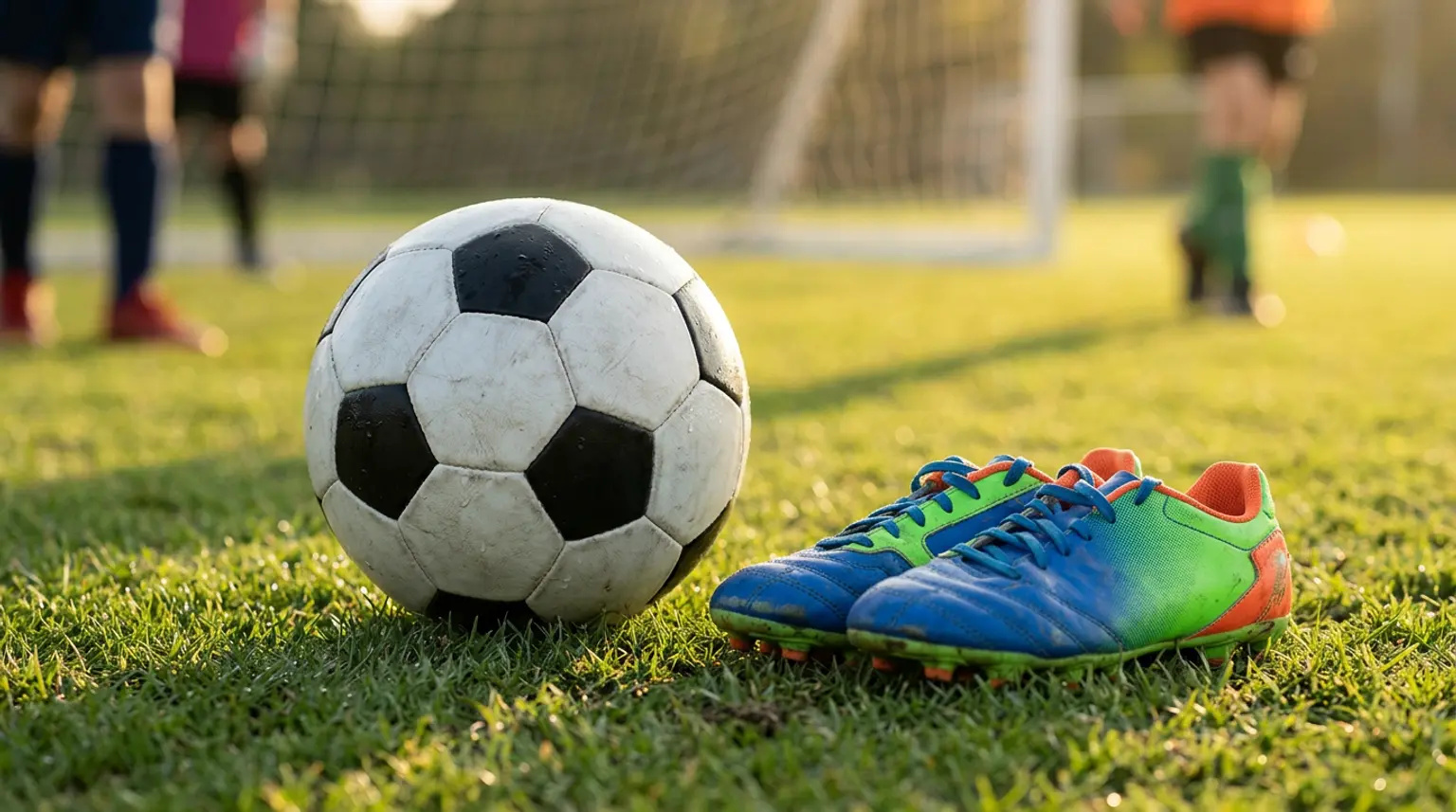 Youth soccer cleats next to a size 4 soccer ball on green grass in golden light, representing soccer drills for 8 year olds