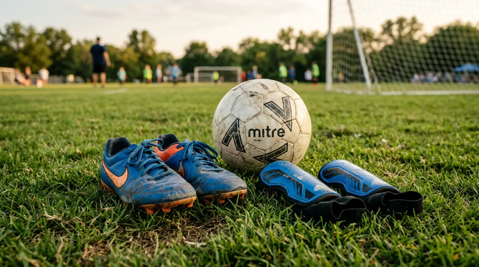 Youth soccer cleats, shin guards, and a soccer ball arranged on grass representing the cost of youth soccer equipment