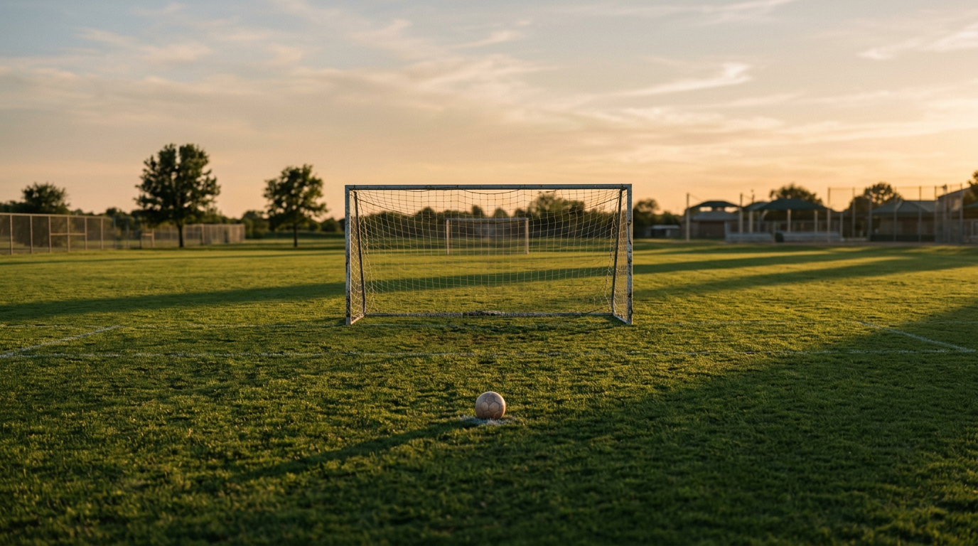 An empty youth soccer field with small goals at golden hour, representing offseason training opportunities for youth soccer players