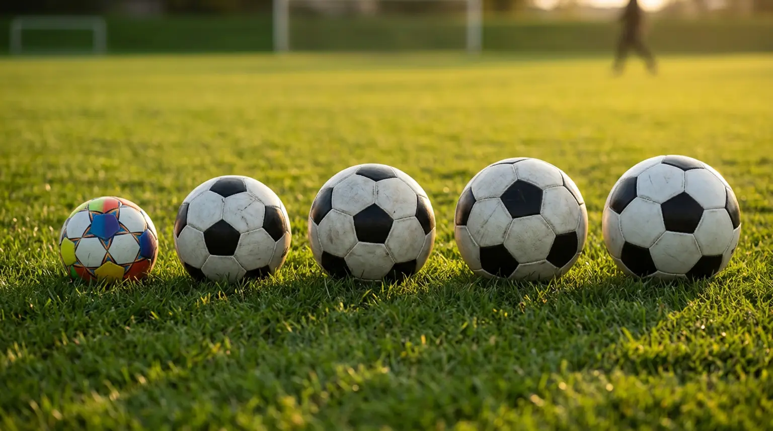 Several soccer balls of different sizes lined up on grass from small to large representing skills coaches should prioritize by age group